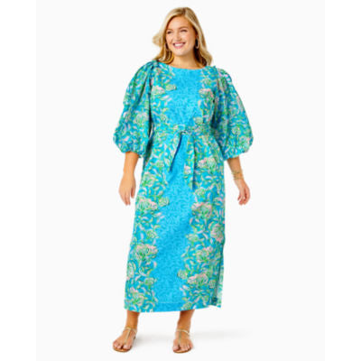 Barbara 3/4 Sleeve Cotton Maxi Dress in Cumulus Blue Chick Magnet Engineered