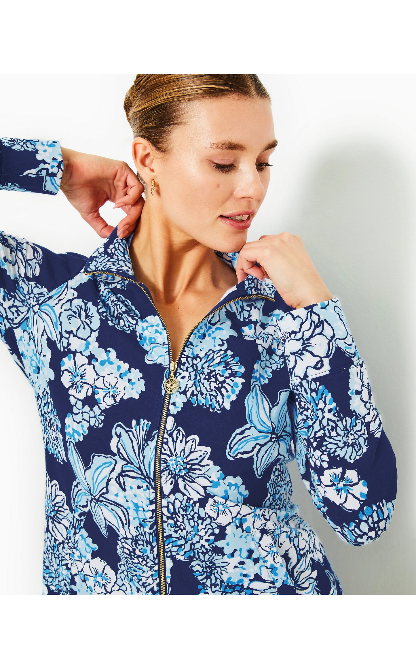 UPF 50+ Leona Zip-Up Jacket in Low Tide Navy Bouquet All Day