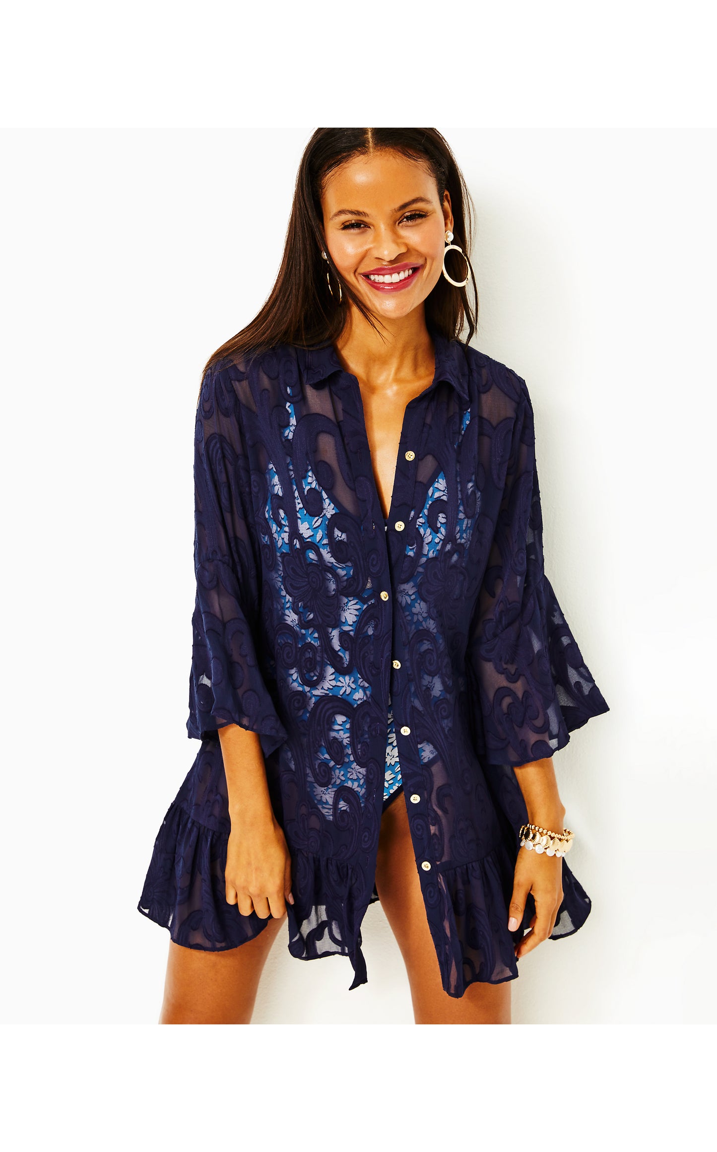 Linley Coverup in True Navy Poly Crepe Swirl Clip