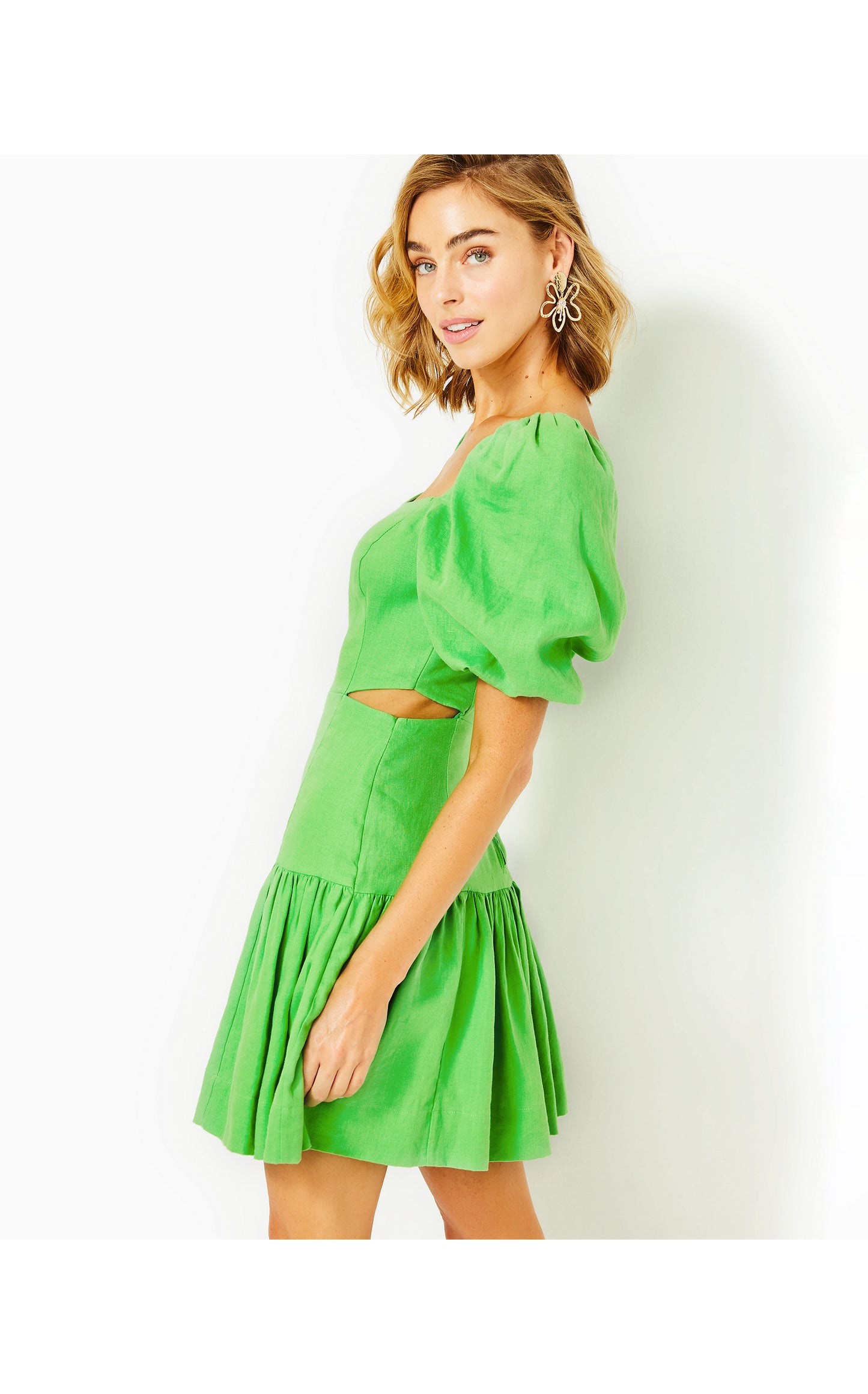 Kylanne Elbow Sleeve Linen Dress in Gecko Green