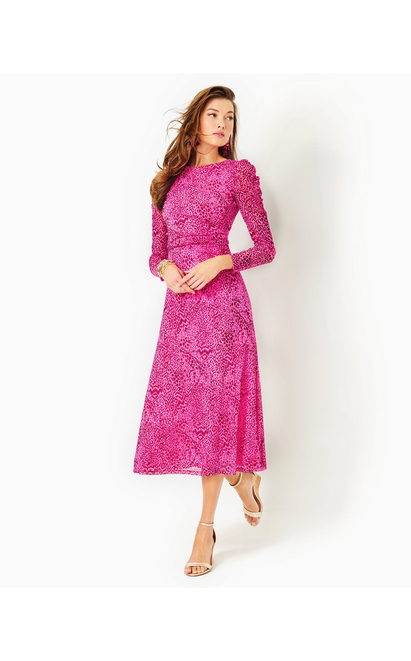 Preslie Long Sleeve Mesh Midi Dress in Cerise Pink Pattern Play