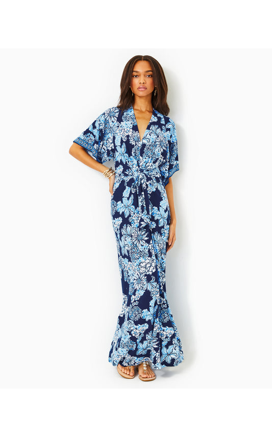 Wisteria Elbow Sleeve V-Neck Maxi Dress in Low Tide Navy Bouquet All Day Engineered
