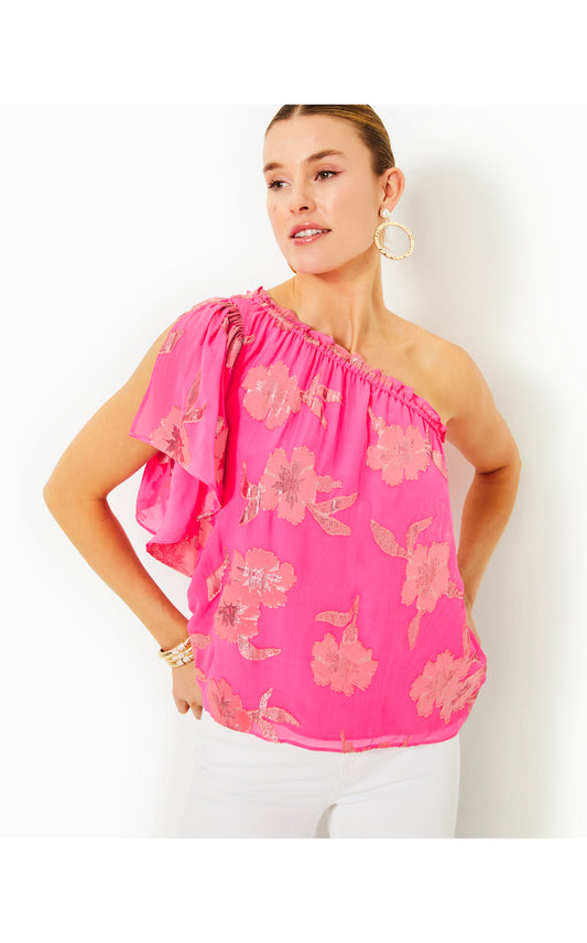 Sarahleigh One-Shoulder Top in Roxie Pink Anniversary Silk