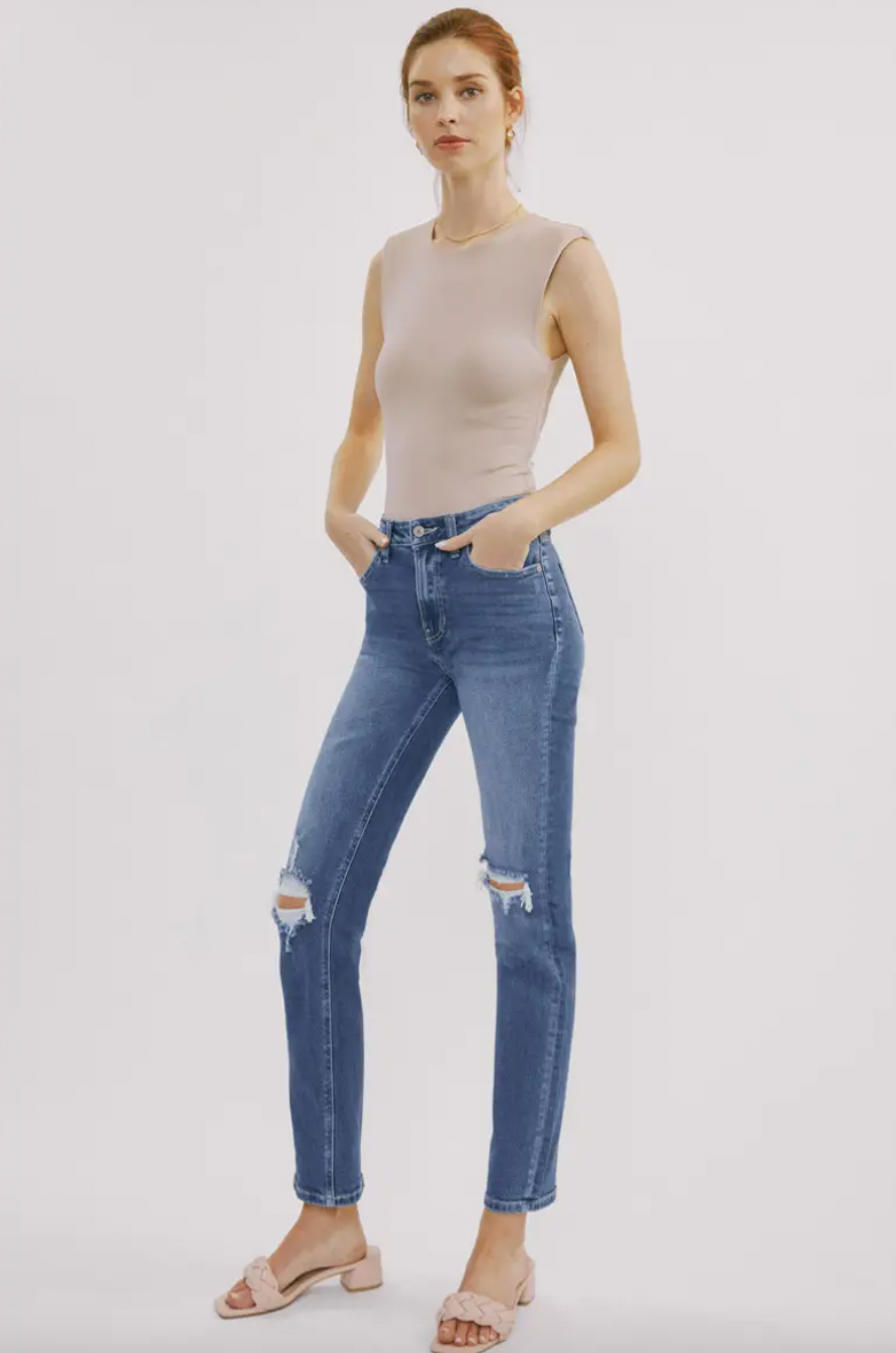 High Rise Distressed Slim Straight Jeans in Medium Wash