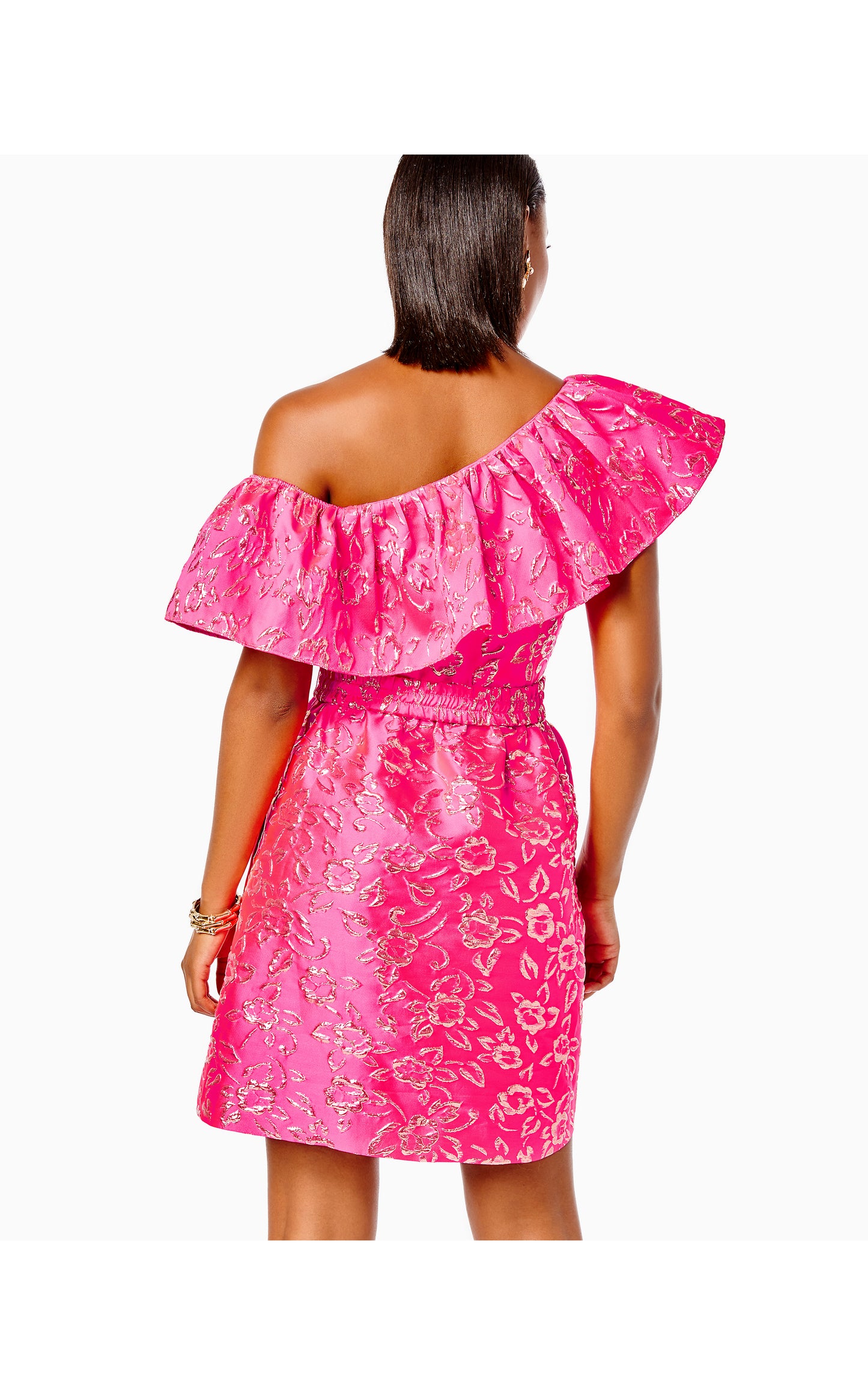 Shannie One-Shoulder Dress in Pink Grenadine Gold Puff Floral Brocade